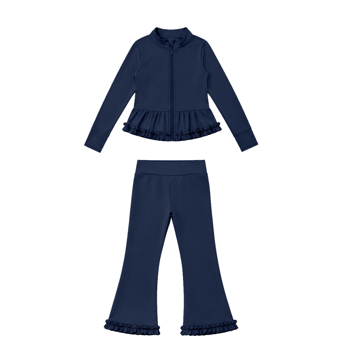 7.21 GLP3528 Preorder Navy Color Zipper Ruffle Top Bell Pants Girls Yoga Clothes Set