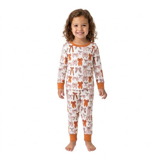 GLP3531 Brown Bows Print Long Sleeve Pants Girls Pajamas Clothes Set