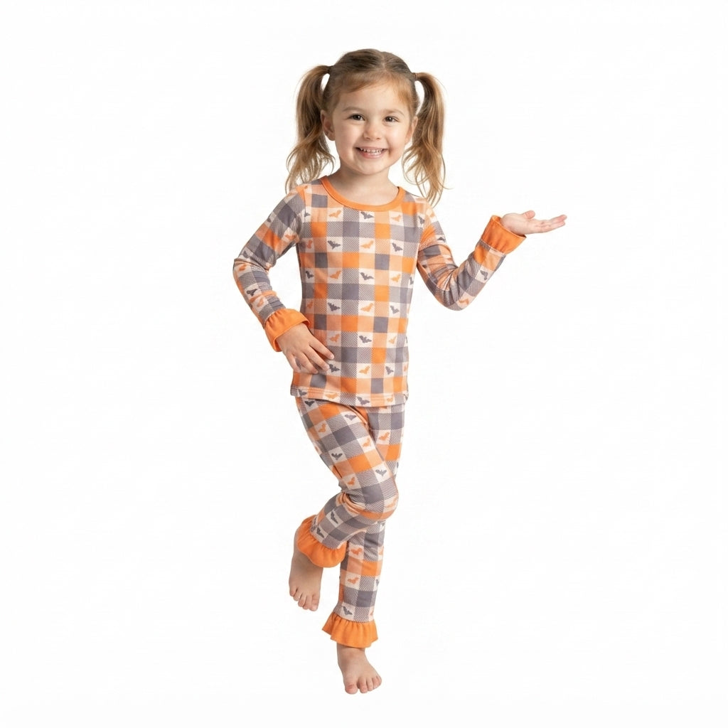 GLP3533 Bat Checkered Print Baby Girls Halloween Pajamas Clothes Set