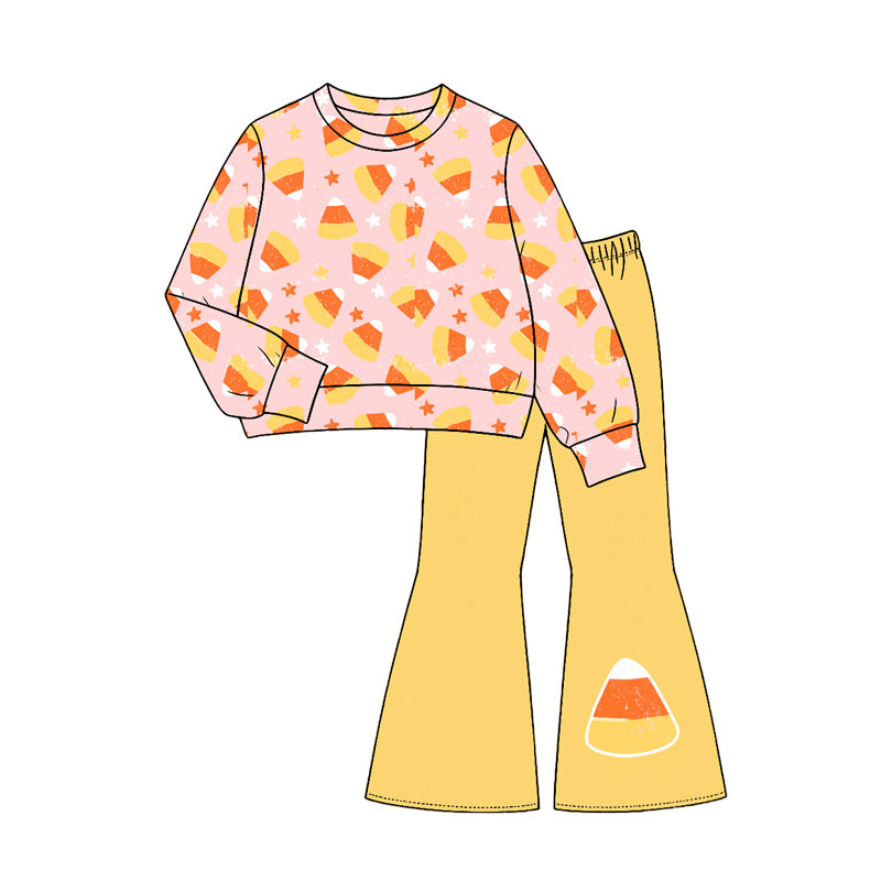 7.24 GLP3535 Preorder Candy Stars Top Orange Bell Pants Girls Halloween Clothes Set