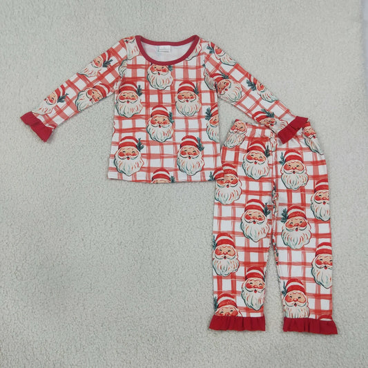 GLP3542 Santa Checkered Print Girls Christmas Pajamas Clothes Set