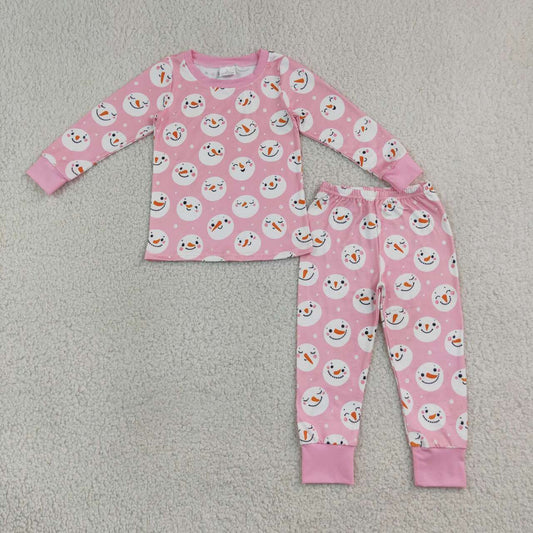 GLP3543 Snowman Smiling Pink Print Girls Christmas Pajamas Clothes Set