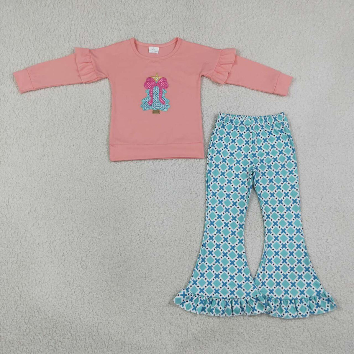 GLP3548 Bow Tree Embroidery Pink Top Checkered Bell Pants Girls Christmas Clothes Set
