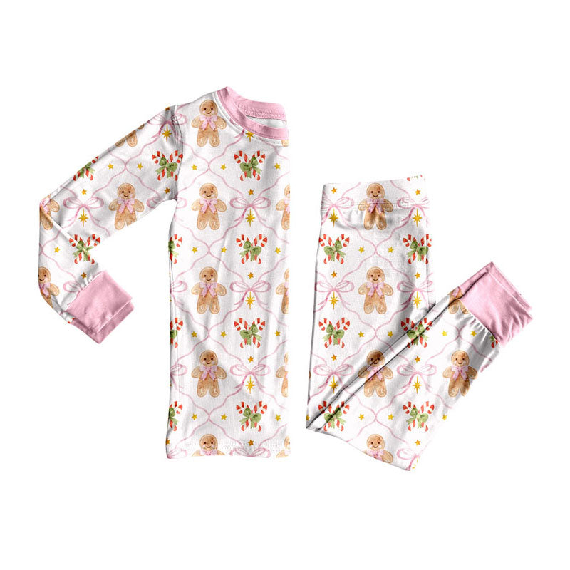 7.29 GLP3552 Preorder Gingerbread Bows Candy Cane Pink Print Long Sleeve Pants Girls Christmas Pajamas Clothes Set