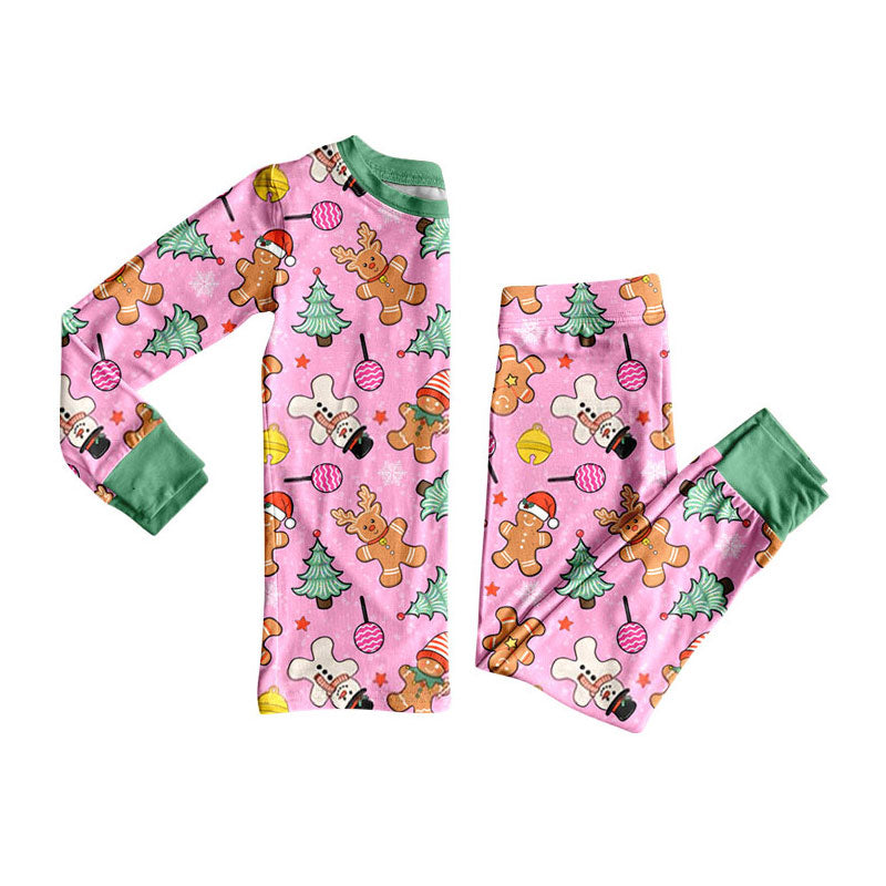 7.29 GLP3554 Preorder Gingerbread Candy Pink Print Long Sleeve Pants Girls Christmas Pajamas Clothes Set