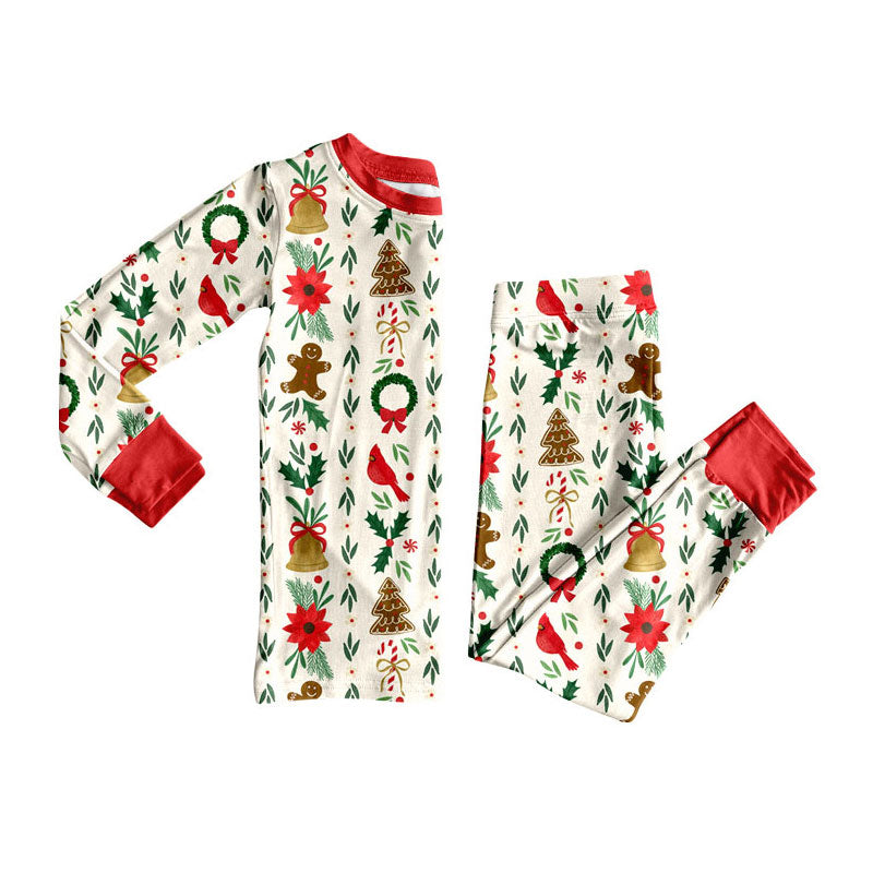 7.29 GLP3555 Preorder Gingerbread Holly Print Long Sleeve Pants Girls Christmas Pajamas Clothes Set