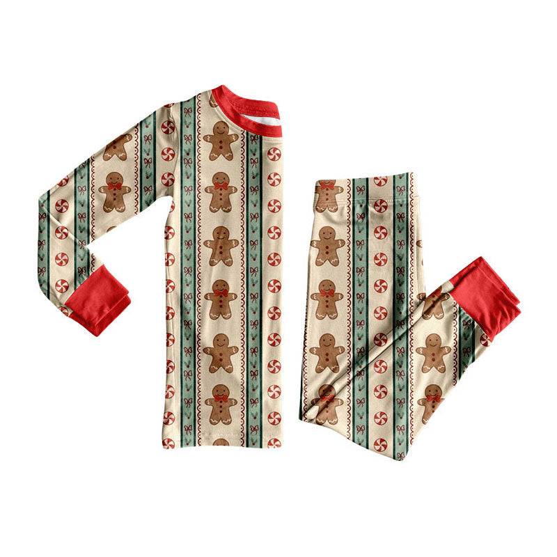 7.29 GLP3556 Preorder Gingerbread Holly Candy Bows Print Long Sleeve Pants Girls Christmas Pajamas Clothes Set