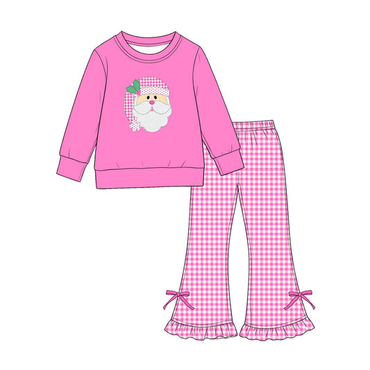 7.29 Preorder Girls Pink Santa Long Sleeve Top with Gingham Flared Pants Outfit