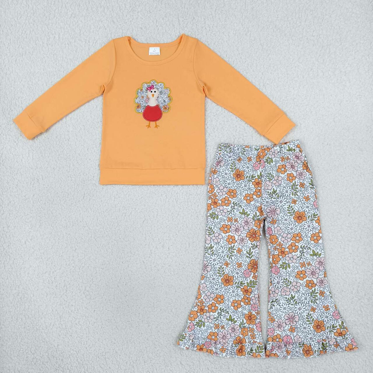 GLP3563 Turkey Embroidery Orange Top Flowers Bell Pants Girls Thanksgiving Clothes Set