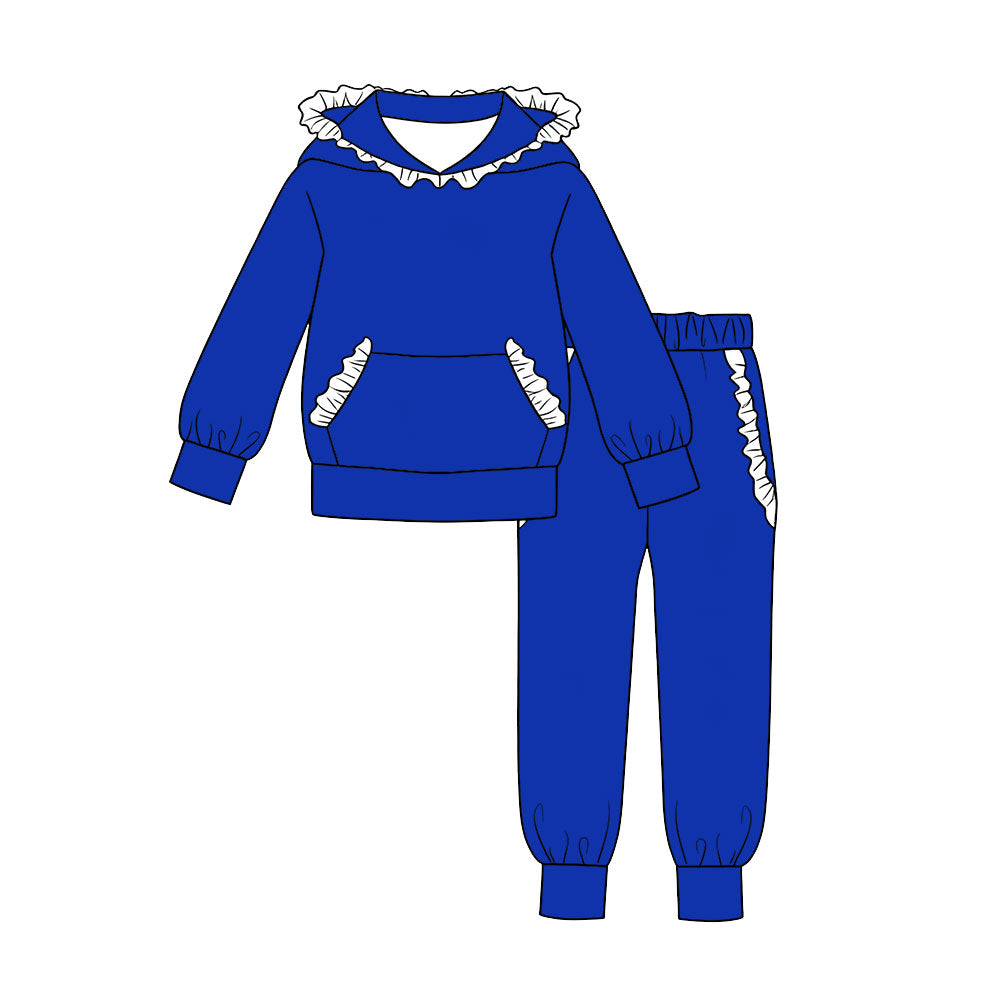 7.29 Preorder Kids Girls Blue Hoodie Top with White Ruffle +Jogger Outfit