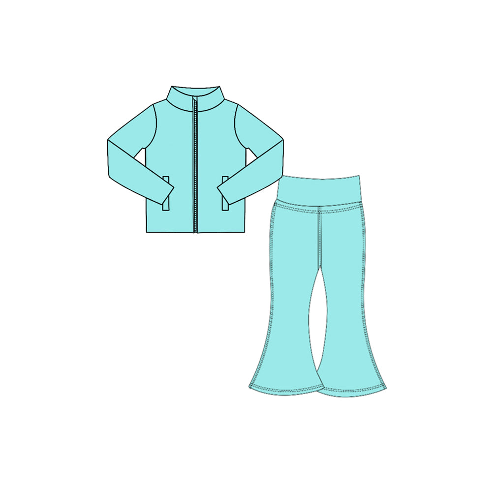 7.29 Preorder Kids Girls Mint Green Solid Color Pullover Top with Bell Bottom Pants Active Outfit