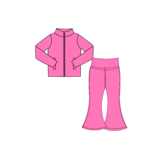 7.29 Preorder Kids Girls Hot Pink Solid Color Pullover Top with Bell Bottom Pants Active Outfit