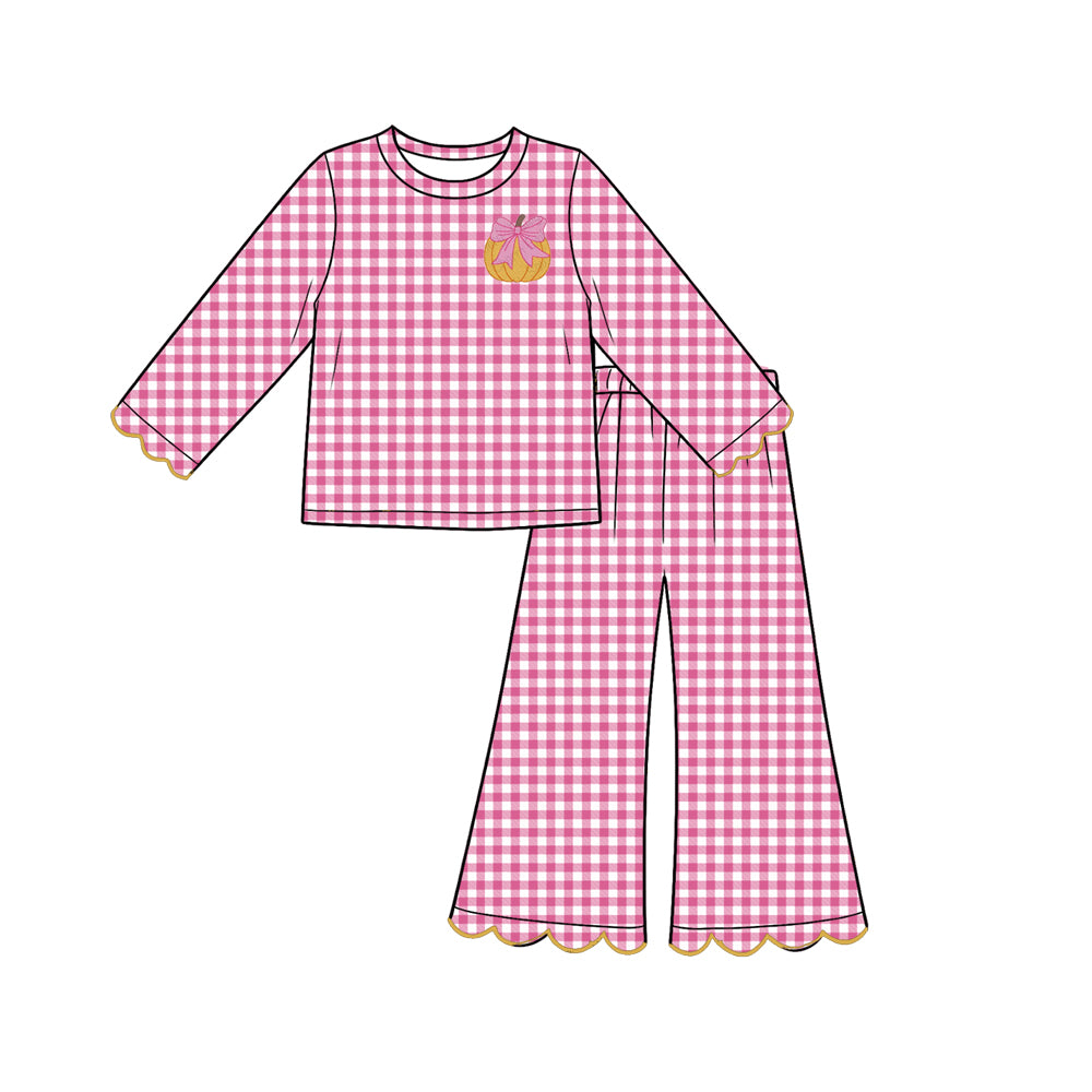 7.31 Preorder Kds Girls Pumpkin Pink Gingham Scalloped Pants Outfit