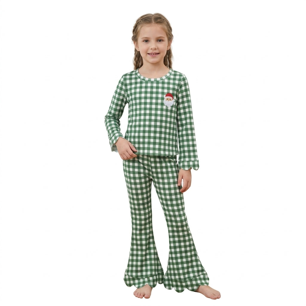 GLP3589 Santa Embroidery Green Gingham Top Flare Pants Girls Christmas Scalloped Outfit