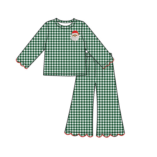 7.31 Preorder Kds Girls Christmas Santa Green Gingham Scalloped Pants Outfit