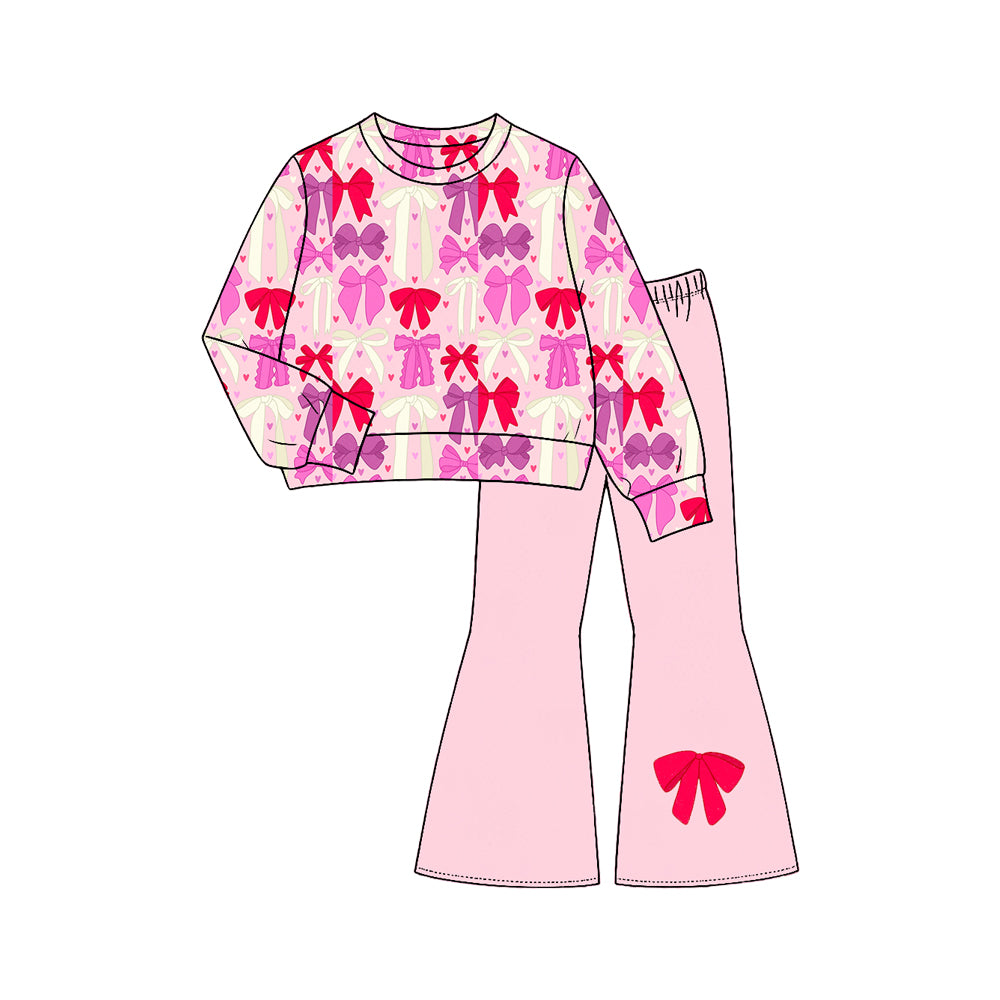 8.1 Preorder Kids Girls Valentine's Day Bow Long Sleeve Top with Pink Bell Bottom Pants Set