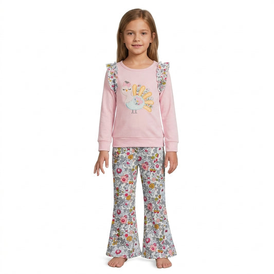 GLP3597 Turkey Embroidery Pink Top Floral Bell Bottom Pants Girls Thanksgiving Outfit