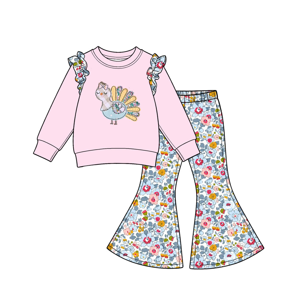 8.1 Preorder Kids Girls Thankgiving Turkey Floral Bell Bottom Pants Outfit