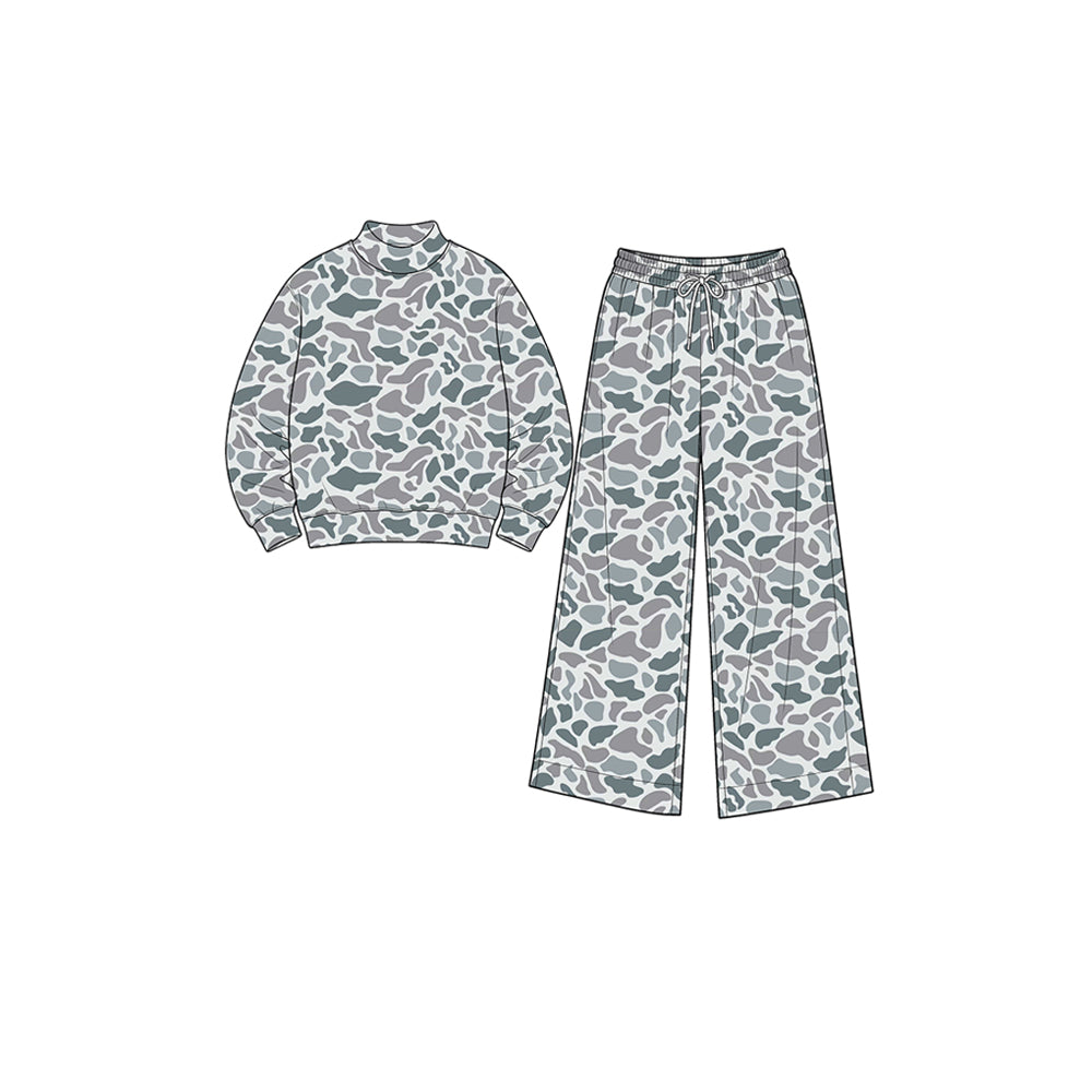 8.1 GLP3600 Preorder Grey Camo Print Long Sleeve Top Pockets Pants Girls Yoga Clothes Set