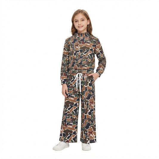 GLP3601 Brown Camo Print Long Sleeve Mock Neck Top Pockets Pants Girls Yoga Clothes Set