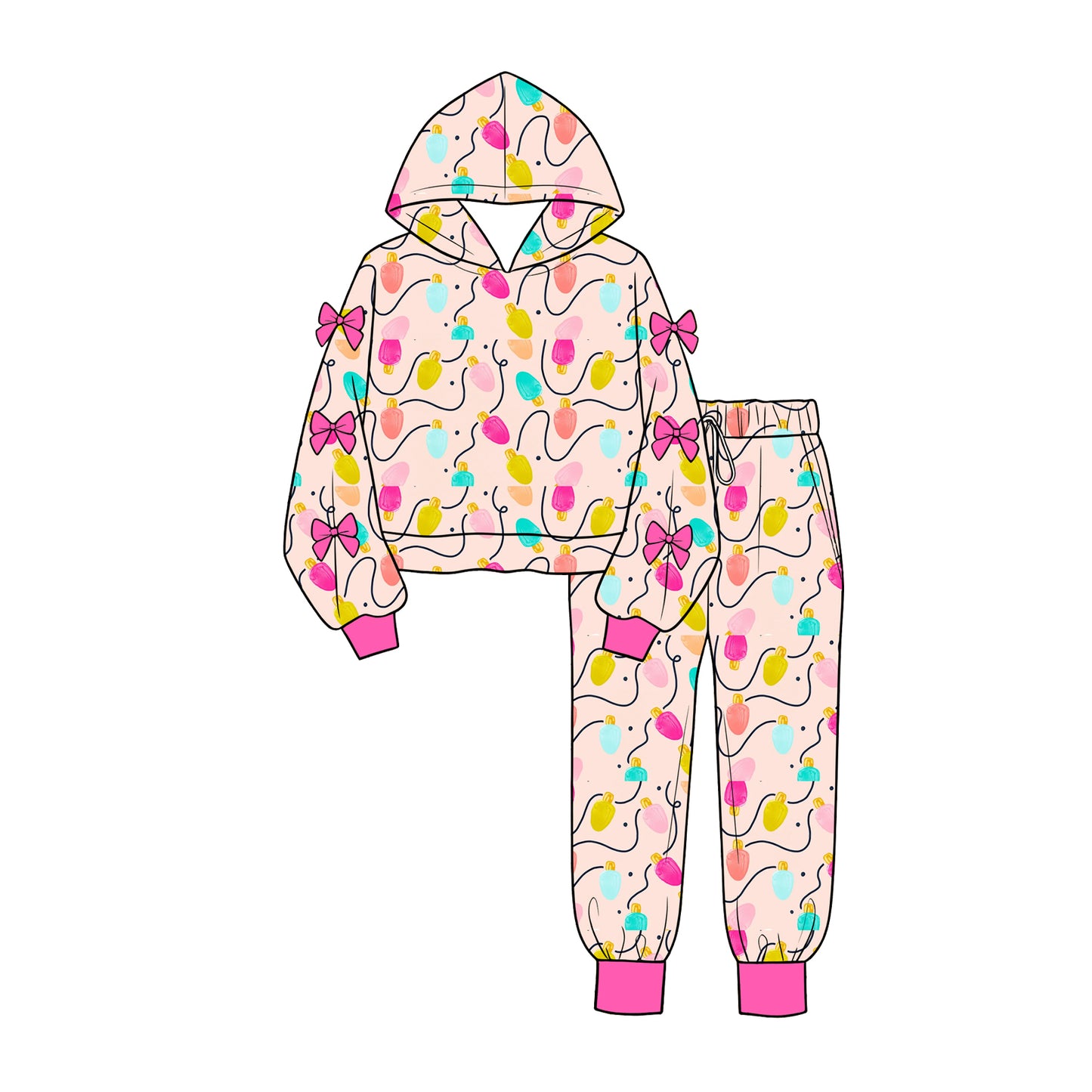 8.3 Preorder Kids Girls Christmas Light Hoodie Top with Jogger Set With Bow