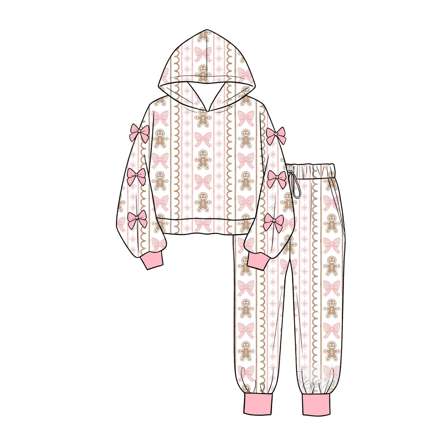 8.3 Preorder Kids Girls Christmas Gingerbread Bow Hoodie Top with Jogger Set With Bow