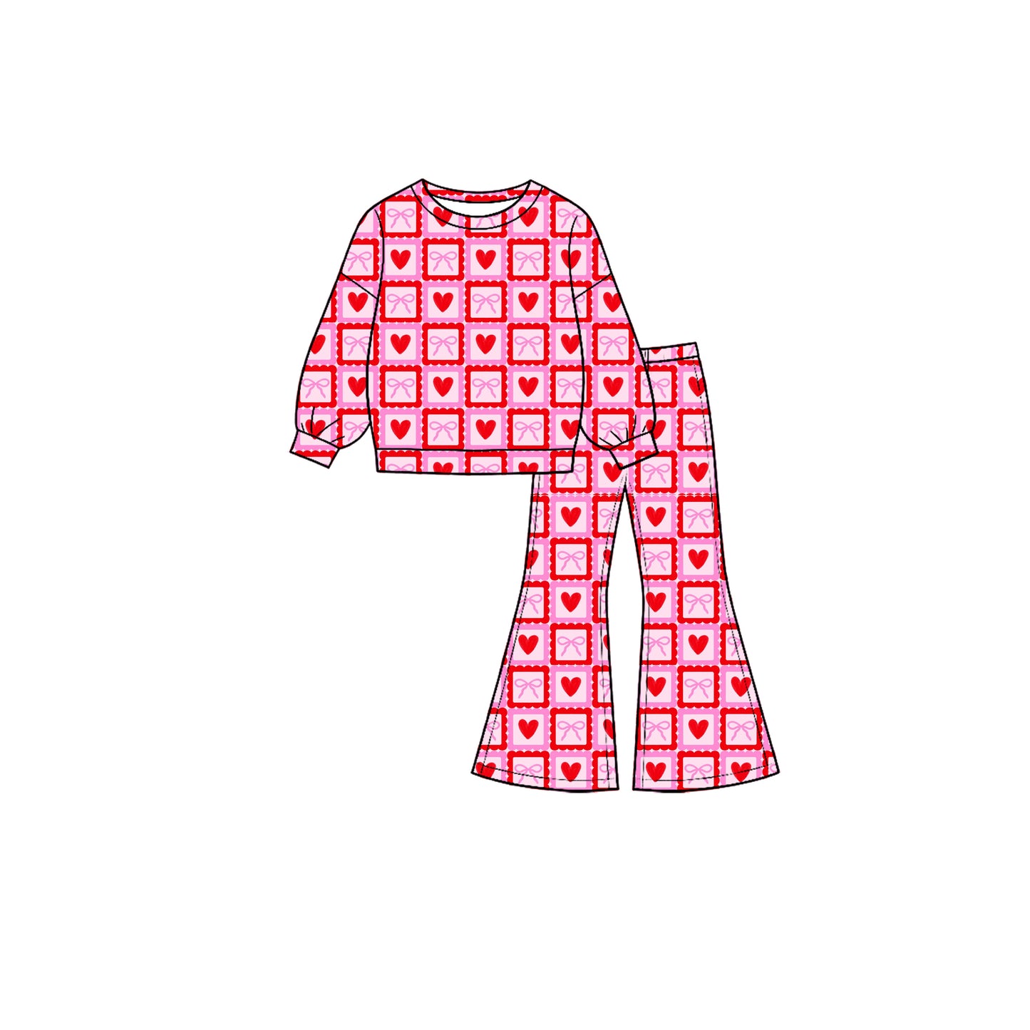 8.3 Preorder Kids Girls Valentine's Day Heart Bow Long Sleeve Top With Bell Bottom Pants Set