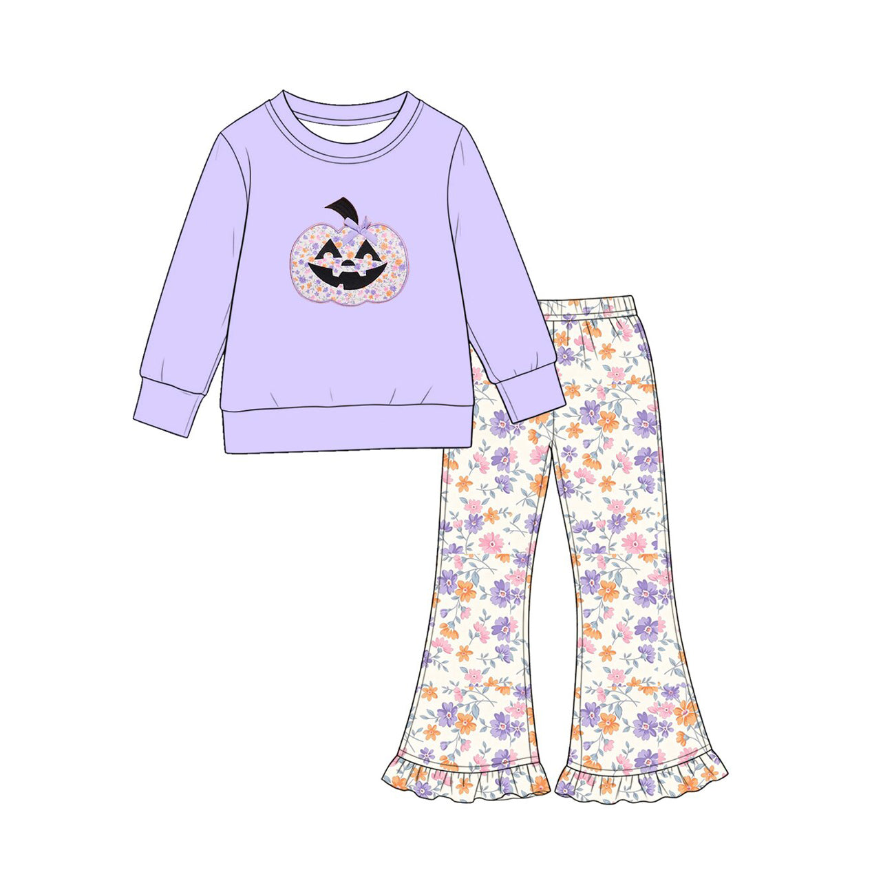 8.4 Preorder Baby Girls Halloween Floral Pumpkin Purple Top with Pants Outfit
