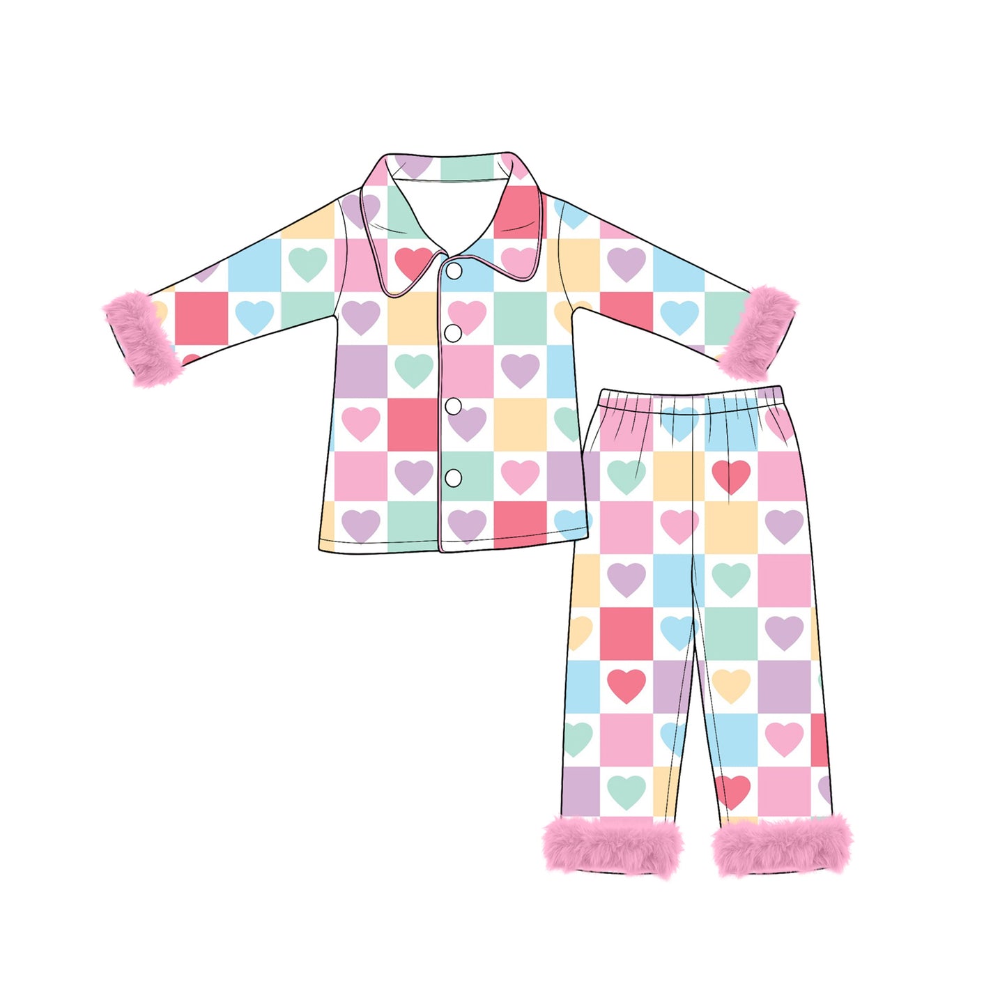 8.4 Preorder Baby Girls Heart Checkered Pajama Set with Fur