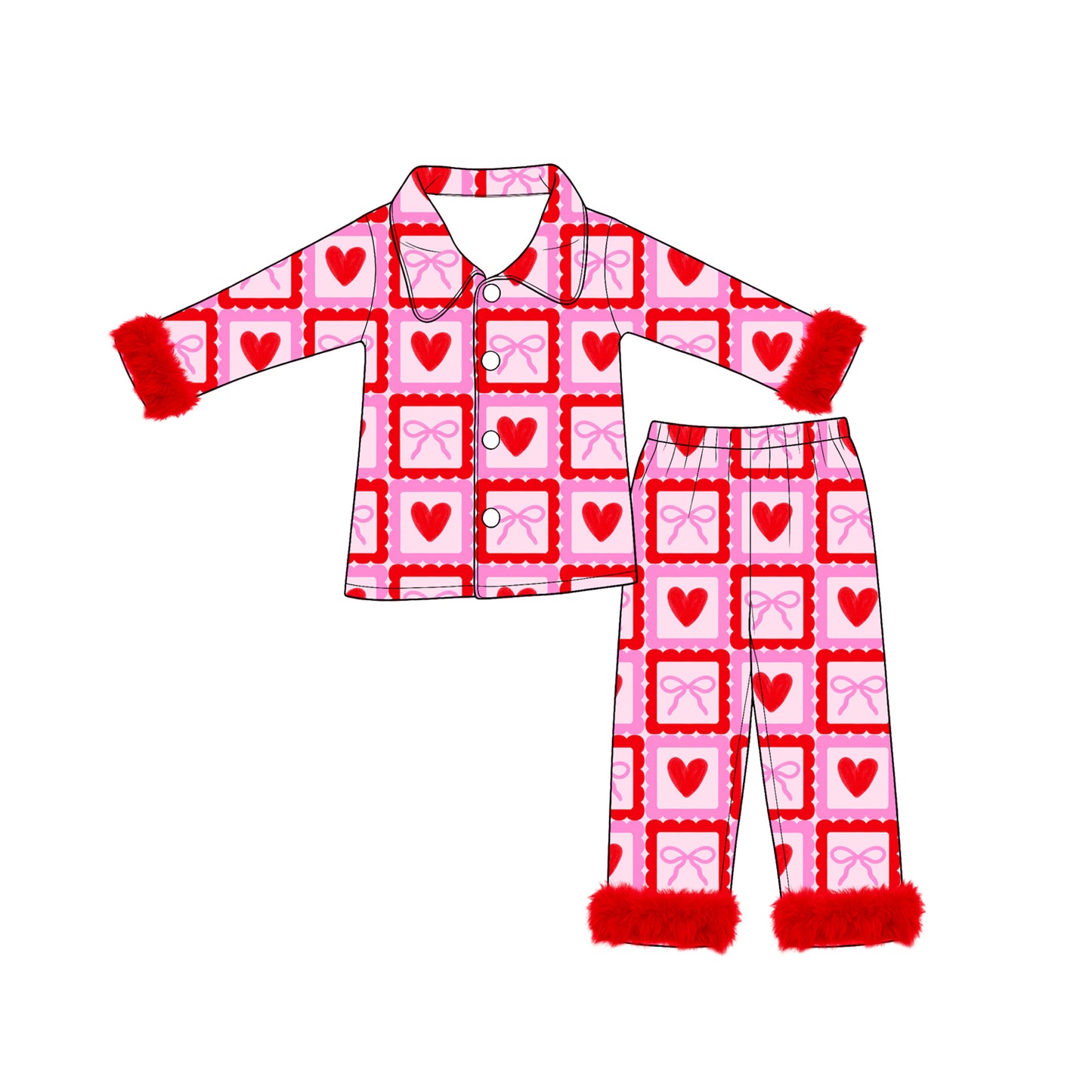 8.4 Preorder Baby Girls Pink Red Heart Bow Grid Pajama Set with Fur
