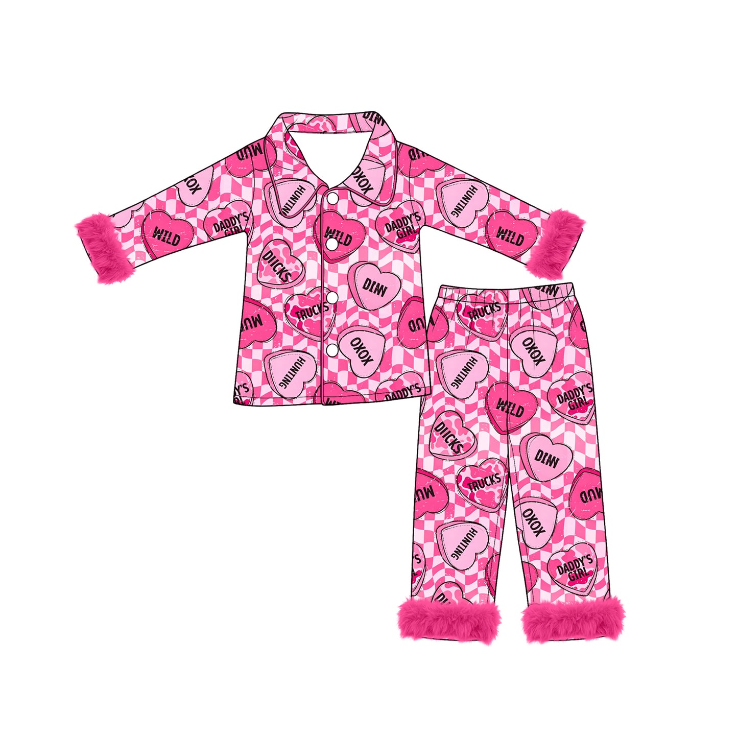 8.4 Preorder Baby Girls Daddy's Girl Pink Checkered Heart Pajama Set with Fur