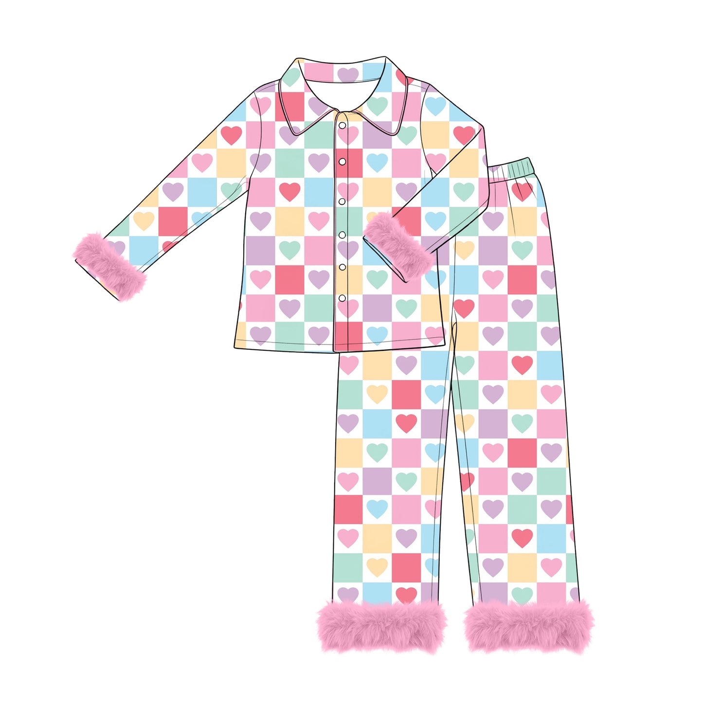 8.3 Preorder Women Colorful Checkered Heart Pajama Set with Fur