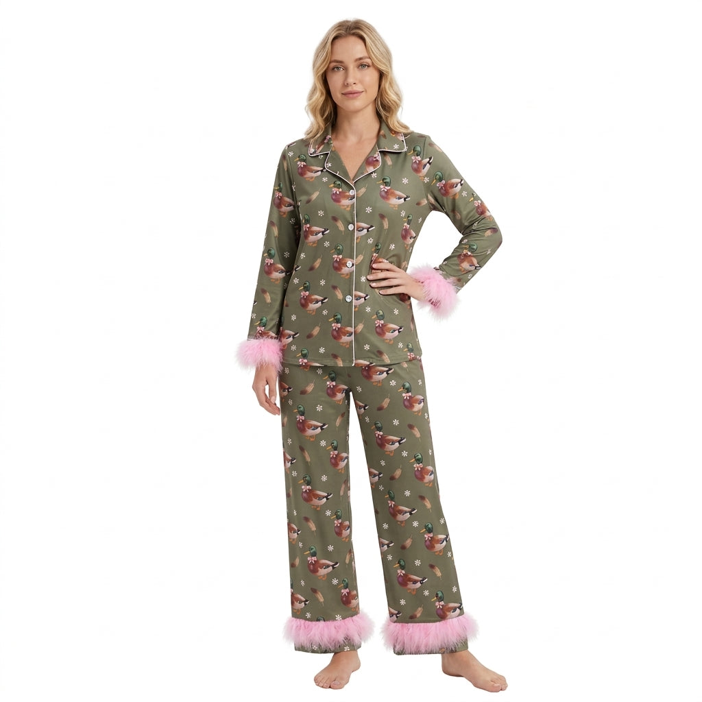 GLP3628 Adult Mallard Duck Print Woman Fur Buttons Pajamas Clothes Set