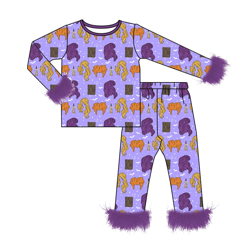 8.6 GLP3634 Preorder Witch Purple Print Girls Halloween Fur Pajamas Clothes Set