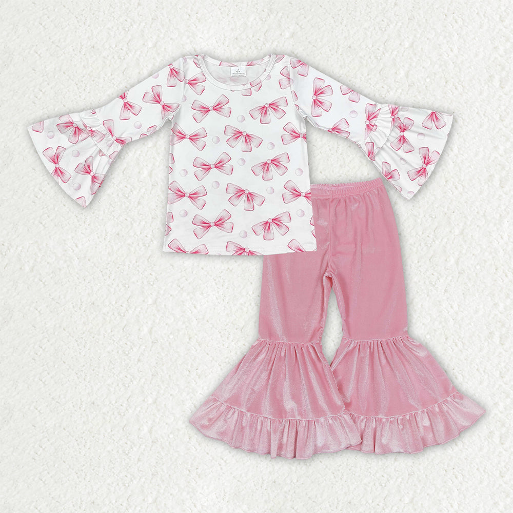 GLP3638 Pink Bows Top Velvet Bell Pants Girls Clothes Set