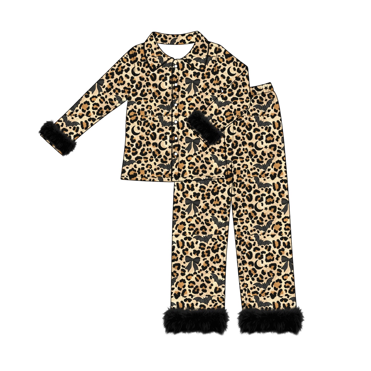 8.7 GLP3639 Preorder Bat Leopard Print Woman Halloween Fur Buttons Pajamas Clothes Set