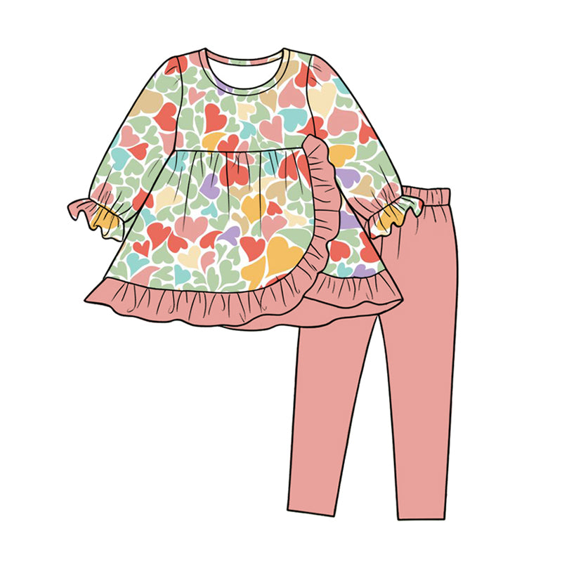 8.7 GLP3643 Preorder Colorful Hearts Ruffle Tunic Top Pink Pants Girls Valentine's Day Clothes Set
