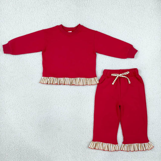 GLP3644 Red Thick Cotton Sweatshirt Flare Pants Girls Fall Clothes Set