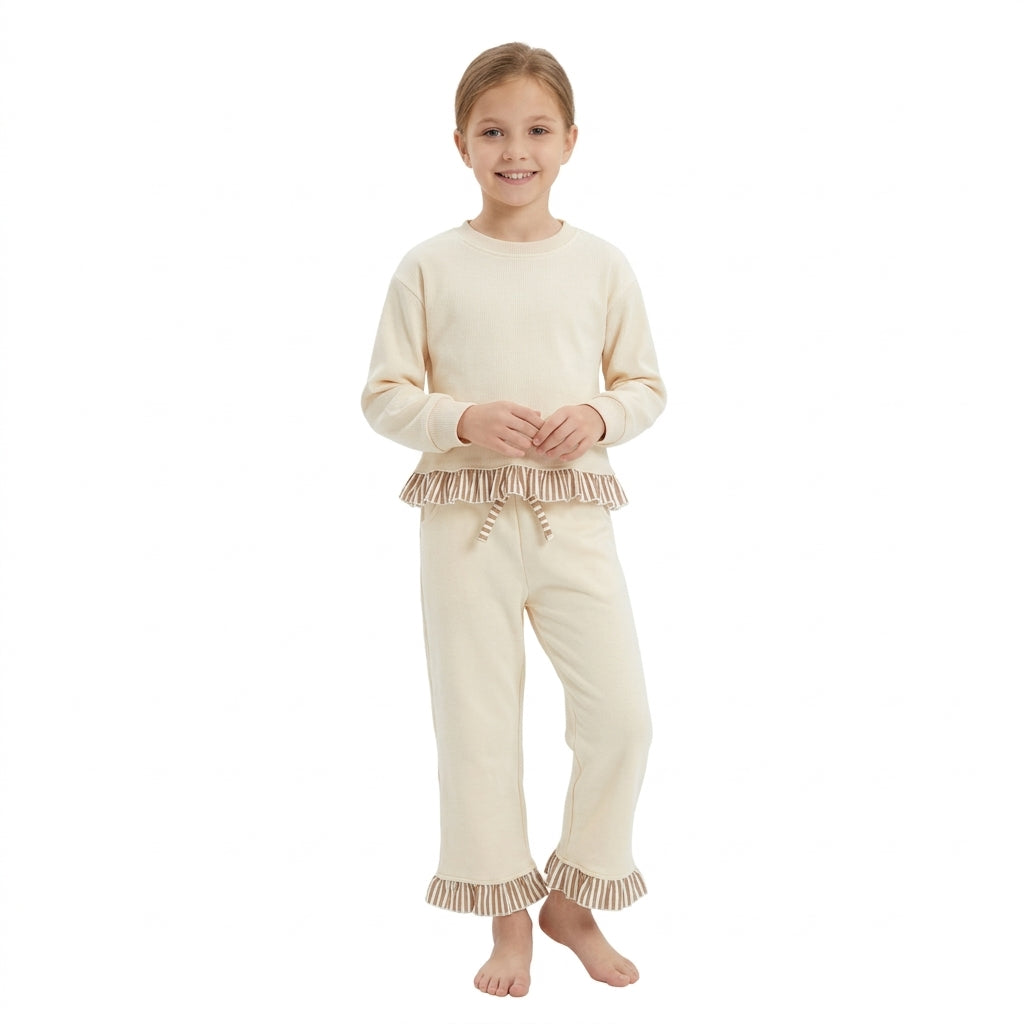 GLP3645 Cream Thick Cotton Sweatshirt Flare Pants Girls Fall Clothes Set