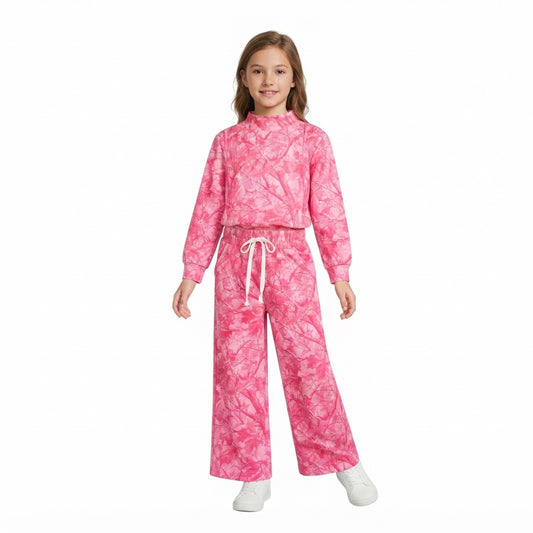 GLP3650 Pink Branch Print Mock Neck Top Pockets Pants Girls Clothes Set