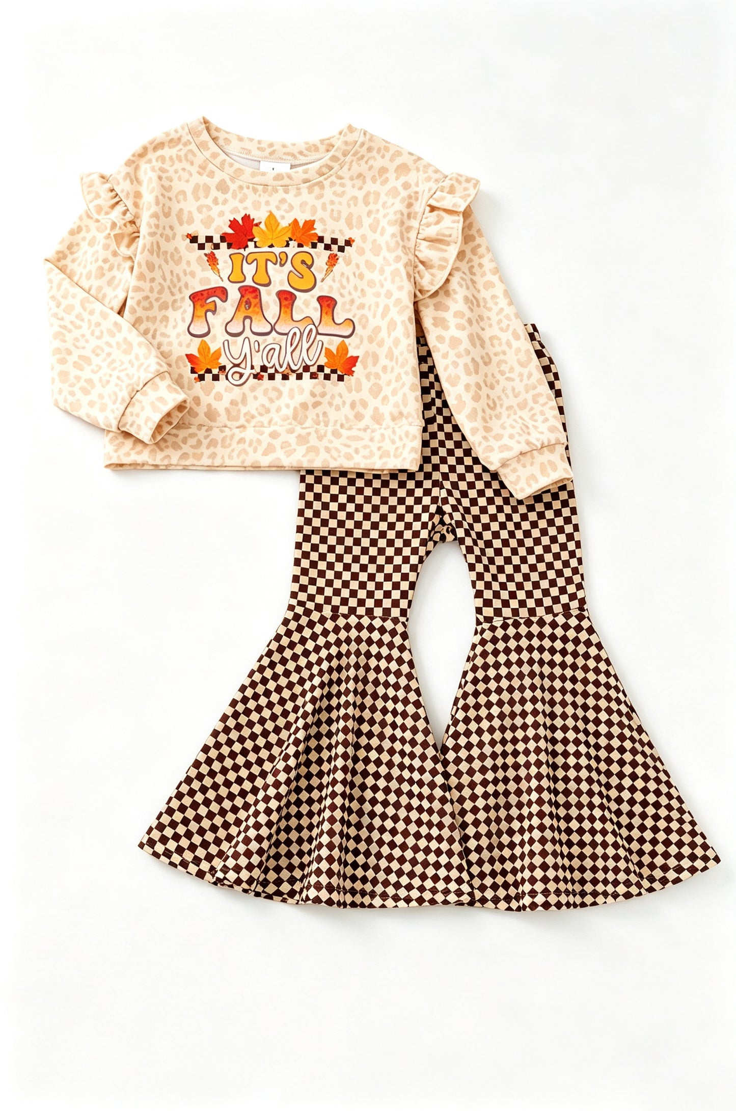 8.8 GLP3652 Preorder It's Fall Y'all Leopard Top Checkered Bell Pants Girls Fall Clothes Set