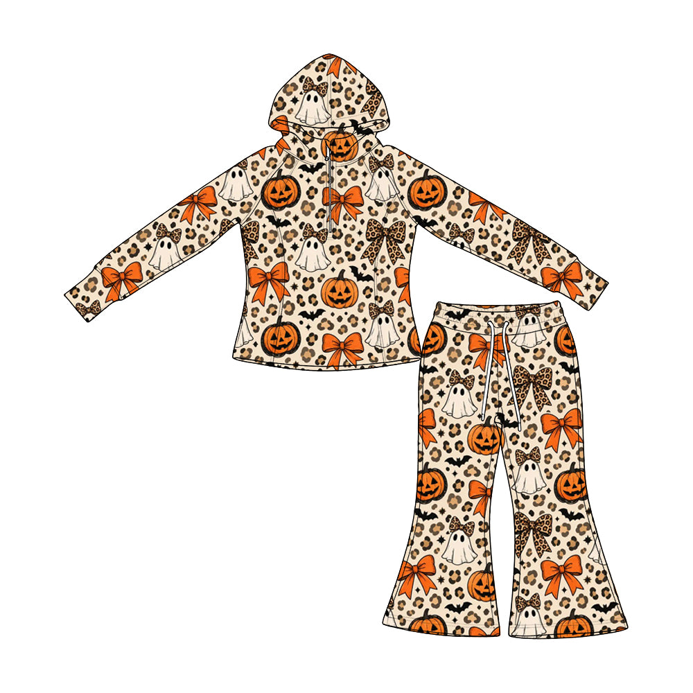 8.8 GLP3654 Preorder Ghost Pumpkin Bows Leopard Print Hoodie Top Bell Pants Girls Halloween Clothes Set