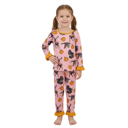 GLP3655 Animals Pumpkin Pink Print Girls Fall Pajamas Clothes Set