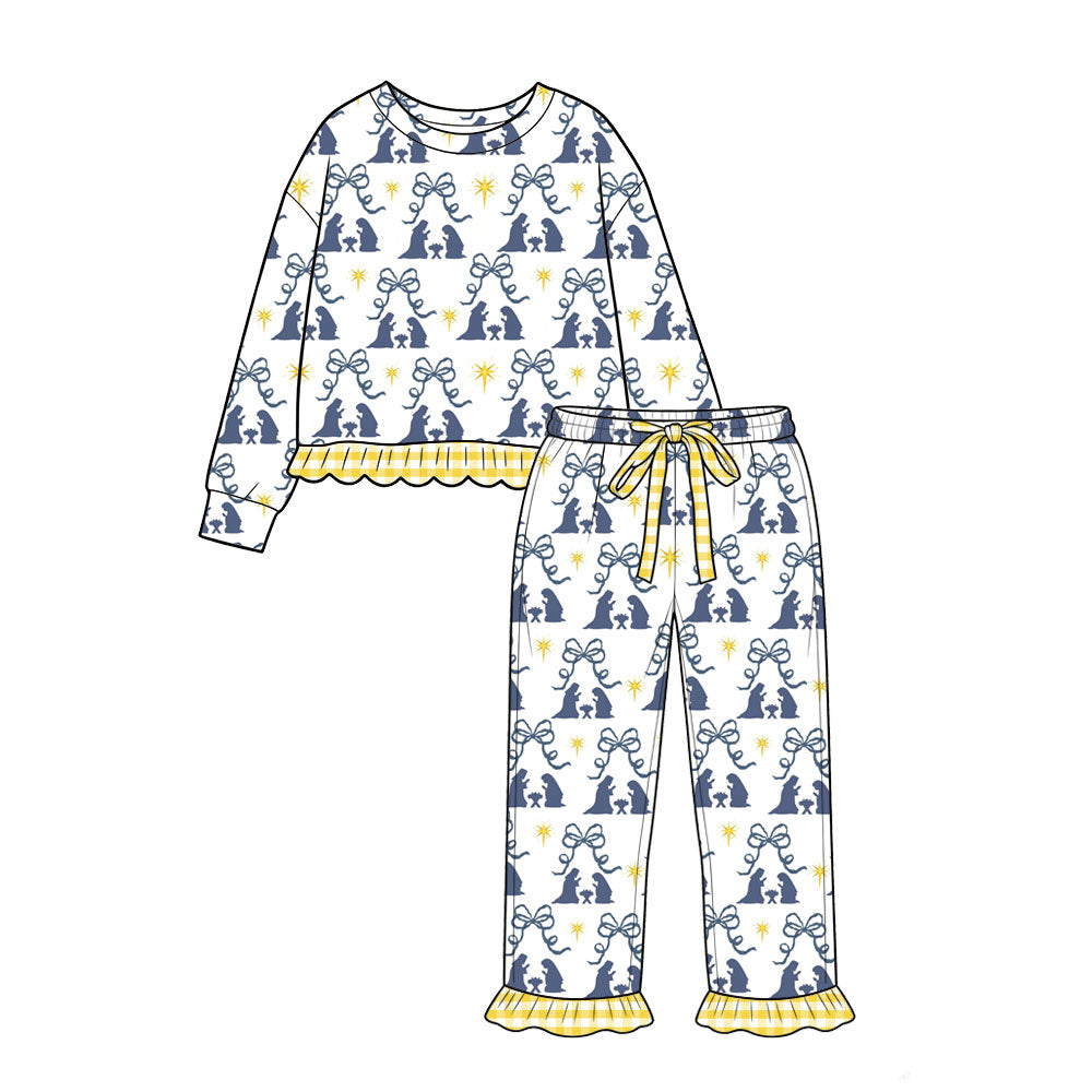 8.8 GLP3657 Preorder Nativity Bows White Print Long Sleeve Top Pants Girls Christmas Clothes Set