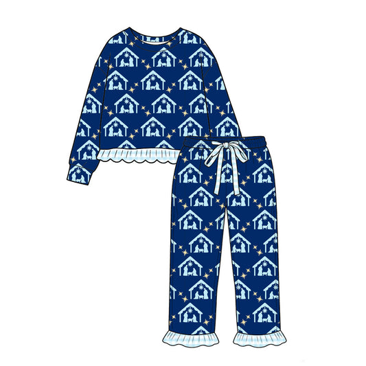 8.8 GLP3659 Preorder Nativity Navy Print Long Sleeve Top Pants Girls Christmas Clothes Set