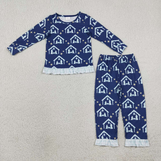 GLP3659 Nativity Navy Print Long Sleeve Top Pants Girls Christmas Ruffle Clothes Set