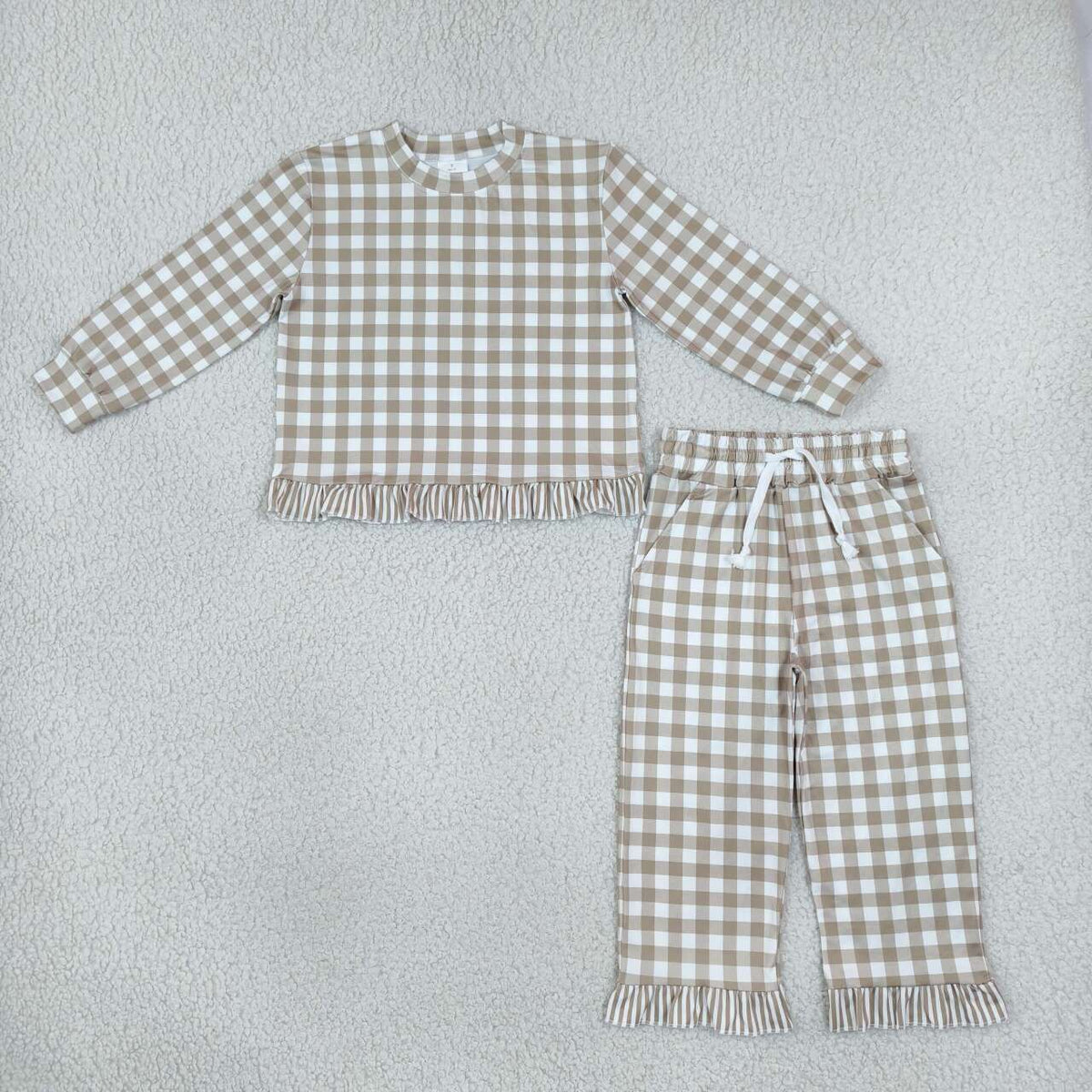GLP3674 Khaki Gingham Long Sleeve Top Pockets Ruffle Pant Girls Clothes Set