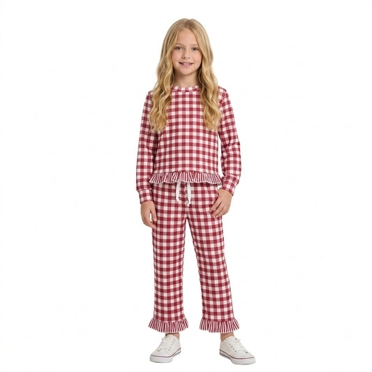 GLP3675 Maroon Gingham Long Sleeve Top Pockets Ruffle Pant Girls Clothes Set