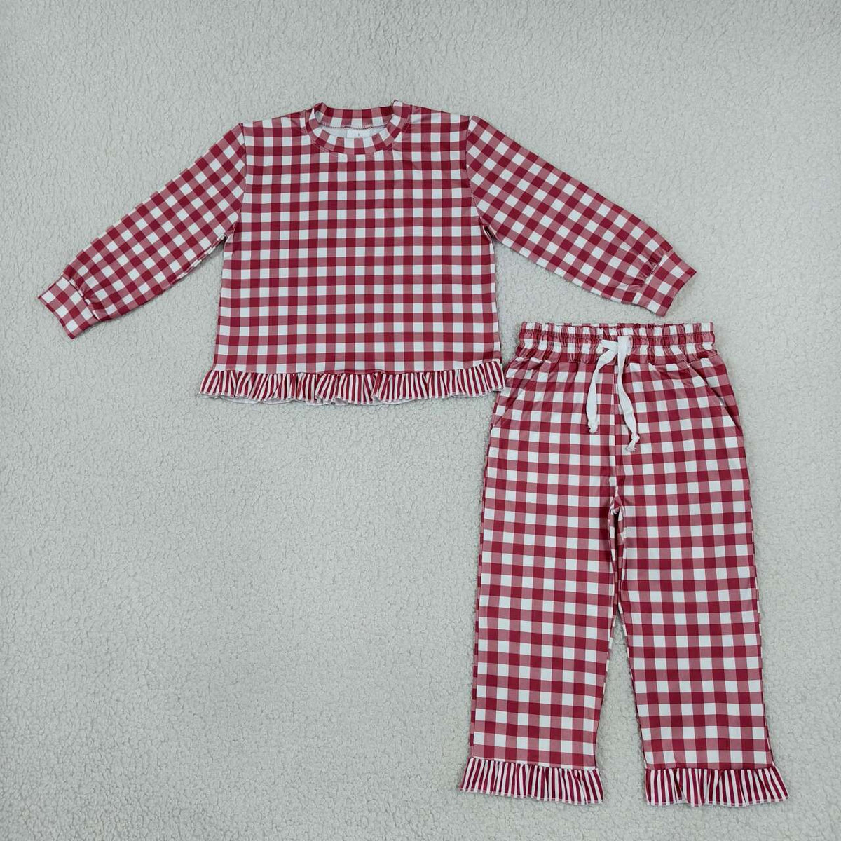 GLP3675 Maroon Gingham Long Sleeve Top Pockets Ruffle Pant Girls Clothes Set