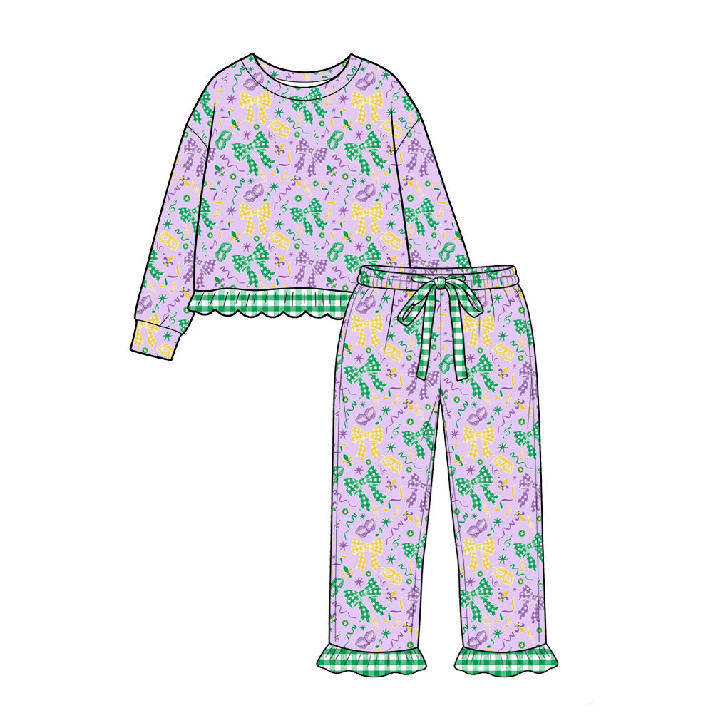 GLP3680 Mask Green Purple Yellow Bows Print Girls Mardi Gras Ruffle Clothes Set